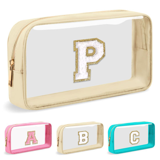 Picture of UIXIZQ Personalized Initial Letter Clear Makeup Bag,Preppy Small Nylon&PVC Cosmetic Zipper Bag with Chenille Letter,Travel Skincare Toiletry Bag,Monogram Christmas Gift for Teen Girls Women,P