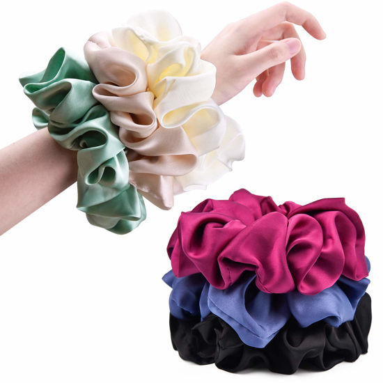 Picture of CEELGON Big Real Silk Scrunchies for Women Extra Large Scrunchie Satin Oversized Silk Scrunchy for Thick Hair Elastic Hair Ties Jumbo Hair Scrunchies 6 Pack (black,white,mulberry,champagne,blue,green)