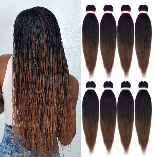 Picture of Pre-stretched Braiding Hair Extension Ombre Natural Black Brown Professional Crochet Braiding Hair 24 Inch 8 Packs Hot Water Setting Perm Yaki Synthetic Hair for Twist Braids (#1B/30)