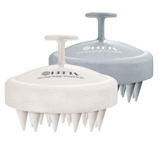 Picture of HEETA 2 Pack Hair Scalp Massager Shampoo Brush for Hair Growth, Hair Scalp Scrubber with Soft Silicone, Wet and Dry Hair Detangler, Wheat Straw Material (Dark Grey & Beige)