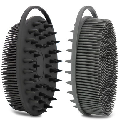 Picture of 2 Pack Silicone Body Scrubber, Silicone Loofah Double-Sided Body Brush,Silicone Shower Scrubber and Scalp Massager Shampoo Brush for Sensitive Kids Women Men All Kinds of Skin (Black & Gray)
