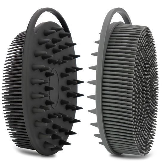 Picture of 2 Pack Silicone Body Scrubber, Silicone Loofah Double-Sided Body Brush,Silicone Shower Scrubber and Scalp Massager Shampoo Brush for Sensitive Kids Women Men All Kinds of Skin (Black & Gray)