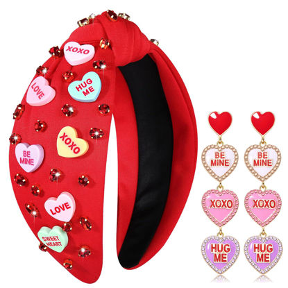 Picture of Valentine’s Day Headband for Women Love XOXO Heart Headbands Jeweled Conversation Heart Knotted Headband Pink Red Rhinestone Crystal Top Knot Headband Valentine’s Day Accessories Gifts (Red Set)