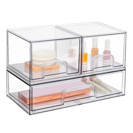 Picture of Vtopmart Stackable Storage Drawers Set of 3,Clear Plastic Organizer Bins for Makeup, Cosmetics, Beauty Supplies,Ideal for Vanity, Bathroom,Cabinet,Pantry Organization