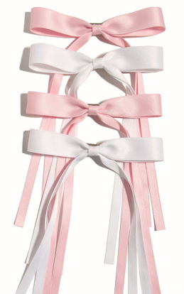 Picture of 4pcs Tassel Ribbon Bowknot Hair Clips with Long Tails, Solid Claw Barrettes with Bows for Girls and Women - Hair Accessories (Pink White)
