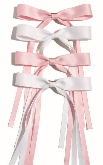 Picture of 4pcs Tassel Ribbon Bowknot Hair Clips with Long Tails, Solid Claw Barrettes with Bows for Girls and Women - Hair Accessories (Pink White)