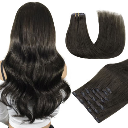 Picture of DOORES Hair Extensions Real Human Hair, Mocha Brown 7pcs 110g 16 Inch, Seamless Clip in Hair Extensions Human Hair Clip in Hair Extensions Natural Straight Hair Invisi Edge Hair Extensions