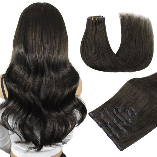 Picture of DOORES Hair Extensions Real Human Hair, Mocha Brown 7pcs 110g 16 Inch, Seamless Clip in Hair Extensions Human Hair Clip in Hair Extensions Natural Straight Hair Invisi Edge Hair Extensions