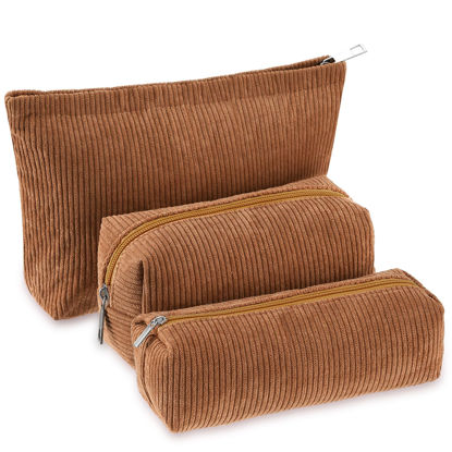 Picture of Huhumy 3 Pcs Makeup Bag Set Corduroy Cosmetic Bag for Women Aesthetic Smile Travel Toiletry Bag Cute Purse Pouch Pencil Case Makeup Brushes Storage Bag Organizer with Zipper(Brown,Solid Style)