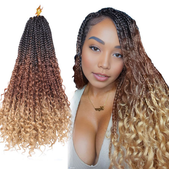Picture of Beverlee 18 Inch Boho Box Braids 8 Packs Goddess Box Braids Crochet Hair Bohemian Hippie Braids Braiding Hair Box Braids with Curly Ends Messy Pre-looped Synthetic Crochet Hair for Women 53#