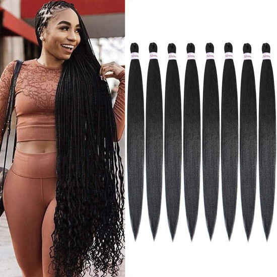 Picture of Alrence Pre Stretched Braiding Hair Long Braid 42 Inch 8 Packs Professional Braiding Hair Extensions Synthetic Crochet Twist Braids (42 Inch, 1B#)