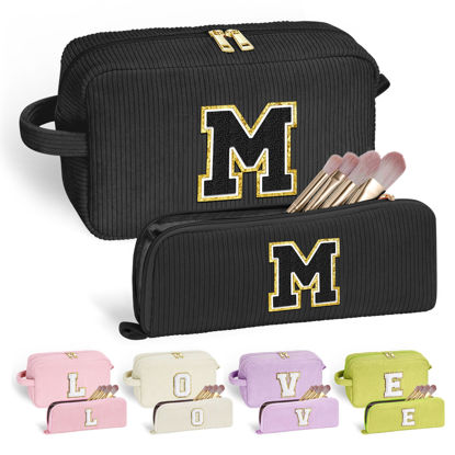 Picture of YOOLIFE Black Cute Travel Makeup Bag - Sister Gifts Girlfriend Gifts Monogram Makeup Bag Make Up Bag Large Cosmetic Bags for Women Corduroy Makeup Bag Friend Birthday Gifts Girlfriend Gifts Letter M