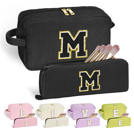 Picture of YOOLIFE Black Cute Travel Makeup Bag - Sister Gifts Girlfriend Gifts Monogram Makeup Bag Make Up Bag Large Cosmetic Bags for Women Corduroy Makeup Bag Friend Birthday Gifts Girlfriend Gifts Letter M