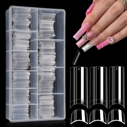 Picture of 500PCS Clear Square Nail Tips, Quaferen XL No C Curve Nail Tips for Acrylic Nails Professional, Half Cover Tapered Square Straight Nail Tips, Flat Traceless Acrylic Nail Extension Tips Fake Nails
