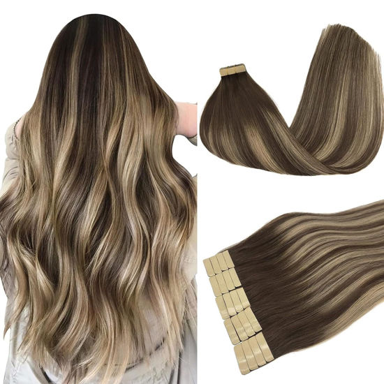 Picture of DOORES Tape in Human Hair Extensions Remy Balayage Chocolate Brown to Honey Blonde 18 Inch 20pcs 50g Real Tape in Straight Skin Weft Natural