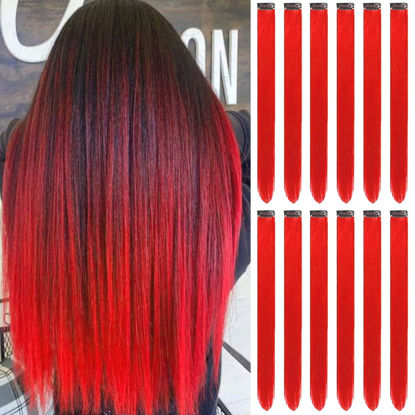 Picture of 12 PCS Red Hair Extensions Clip in, Colored Party Highlights Extension for Kids Girls Synthetic Hairpiece Straight 22 inch