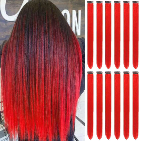 Picture of 12 PCS Red Hair Extensions Clip in, Colored Party Highlights Extension for Kids Girls Synthetic Hairpiece Straight 22 inch