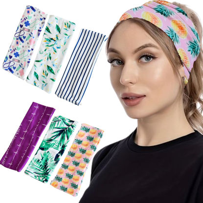 Picture of LOTUS78, Pack of 6 Wide Headbands for Women Non Slip, Fashionable Sports Hair Bands for Women's Hair, Soft Elastic Stretchy Head bands, Yoga Workout Headbands for Women Daily Fashion (Tropical)