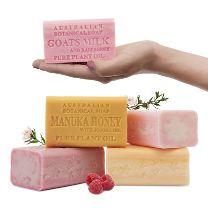 Picture of Australian Botanical Soap, Goats Milk with Raspberry, Manuka Honey, Pink Lychee, Valencia Orange 6.6 oz. (187 g) Soap Bars | Natural Soap Base | Shea Butter Enriched Bar Soap - Sweet Fruity Pack of 4