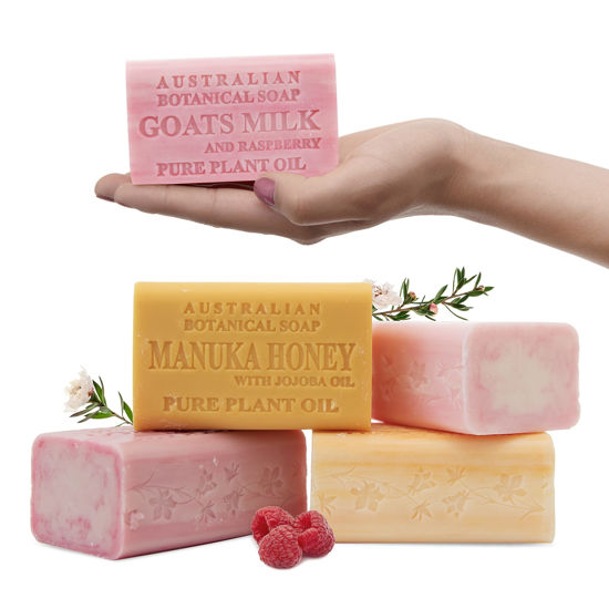 Picture of Australian Botanical Soap, Goats Milk with Raspberry, Manuka Honey, Pink Lychee, Valencia Orange 6.6 oz. (187 g) Soap Bars | Natural Soap Base | Shea Butter Enriched Bar Soap - Sweet Fruity Pack of 4