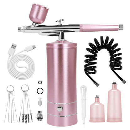 Picture of Airbrush-Kit Air Brush Kit With Air Compressor Nail Charms Wireless Air Brush for Barber, Nail Art, Cake Decor, Makeup, Model Painting (Pink - with extension tube)