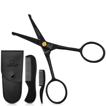 Picture of DEMAXA Professional Mustache Scissors with 1 Mustache Comb, 1 Beard Comb & Soft Pouch - 4.5" Round Tip Safety Scissors for Nose Hair, Ear Hair, Mustache, Beard Trimming - Best Facial Hair Scissors