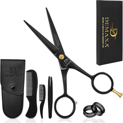 Picture of DEMAXA 5" Professional Mustache Scissors Beard Scissors for Men with Slanted Tweezers 1 Mustache Comb 1 Beard Comb & Pouch - Beard Trimming kit & Mustache Kit (Black With Tweezer)