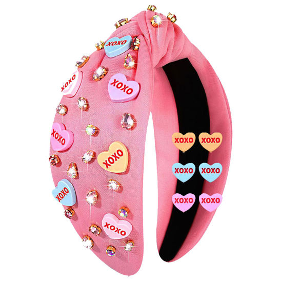 Picture of Valentine’s Day Headband for Women Love XOXO Heart Headbands Jeweled Conversation Heart Knotted Headband Pink Red Rhinestone Crystal Top Knot Headband Valentine’s Day Accessories Gifts (Pink Set 2)