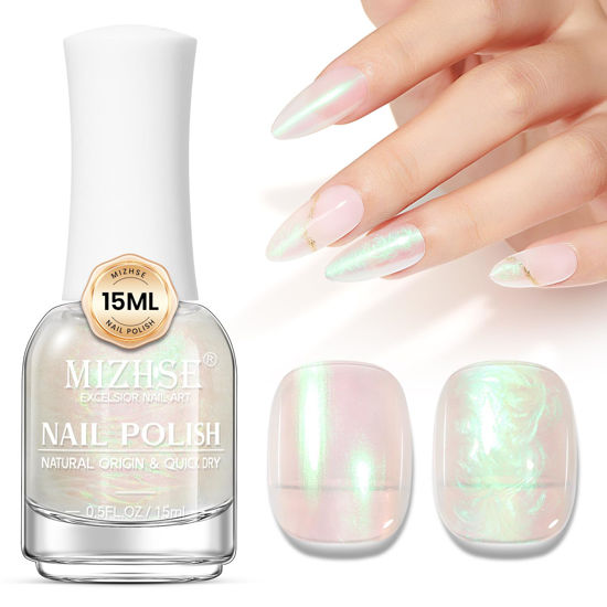 Picture of MIZHSE Nail Polish: 15Ml Mermaid Pearl Nail Polish Green Aurora Effect Nail Polish, Fingernail and Toenail Polish Glossy Long Lasting Nail Polish Trendy DIY at Home Nail Gift Spree