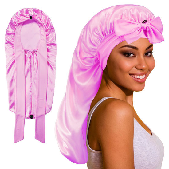 Picture of ROYBENS Long Bonnet Satin Bonnet Silk Bonnet for Sleeping Women, Bonnet with Tie Band Sleep Cap, Silk Hair Bonnet for Braids Curly Hair