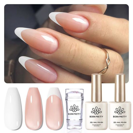 Picture of Born Pretty French Manicure Kit,Nail Stamper and 2Pcs Gel Nail Polish,Include Jelly Nude White Colors for French Tip DIY Salon