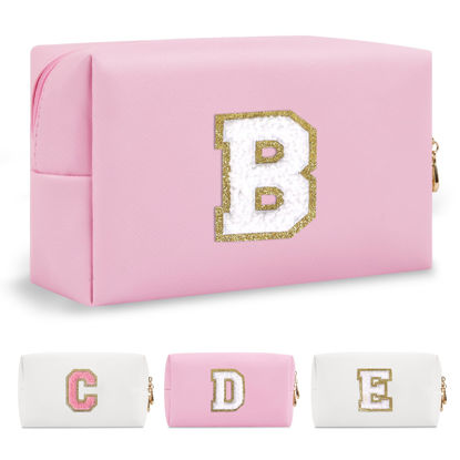 Picture of Personalized Initial A-Z Preppy Patch Makeup Bag,Small PU Chenille Letter Cosmetic Bag with Zipper for Teen Girls,Pink Cute Toiletry Organizer Bag,Monogrammed Valentines Day Gifts for Women,Letter B