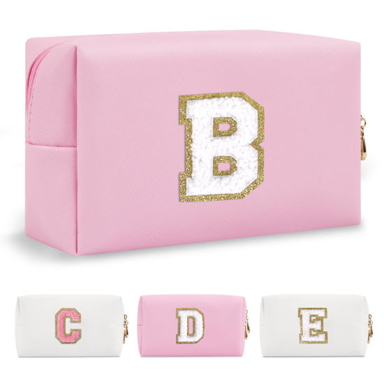 Picture of Personalized Initial A-Z Preppy Patch Makeup Bag,Small PU Chenille Letter Cosmetic Bag with Zipper for Teen Girls,Pink Cute Toiletry Organizer Bag,Monogrammed Valentines Day Gifts for Women,Letter B