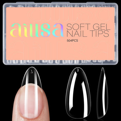Picture of AILLSA Almond Nail Tips 504pcs Clear Nail Tips Soft Gel Full Cover Nail Tips Medium Almond Shaped Fake Nails for Press on Nail Extensions Home DIY Nails Salon- X (12 Sizes)