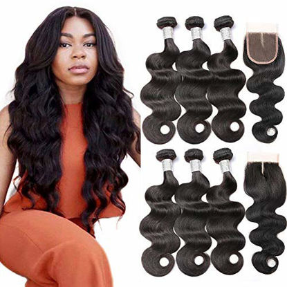 Picture of Beauty Princess Body Wave Human Hair 3 Bundles with Closure Double Weft 9A Brazilian Hair Bundles with Lace Closure Natural Color (12 14 16+10)