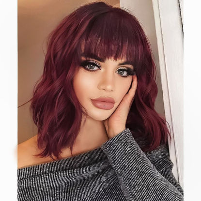 Picture of AISI HAIR Curly Bob Wig with Bangs Short Wavy Wine Red Color Wigs for Women Bob Style Synthetic Heat Resistant Bob Wigs