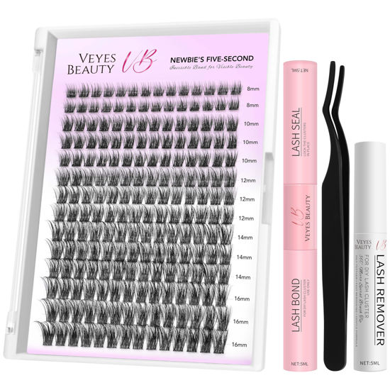 Picture of VEYESBEAUTY Lash Clusters Kit Individual Eyelash Extensions Thin & Invisible Band DIY False Eyelashes Newbie's Five-Second Series Wispy Lash Tray, Dreamy KIT with Bond&Seal Remover Applicator