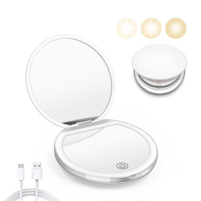 Picture of Kakuje Compact Mirror with Light, 1X/3X Magnification LED Pocket Mirror with USB Data Cable,Mini Mirror for Purse, Pocket,Travel and Present (White)