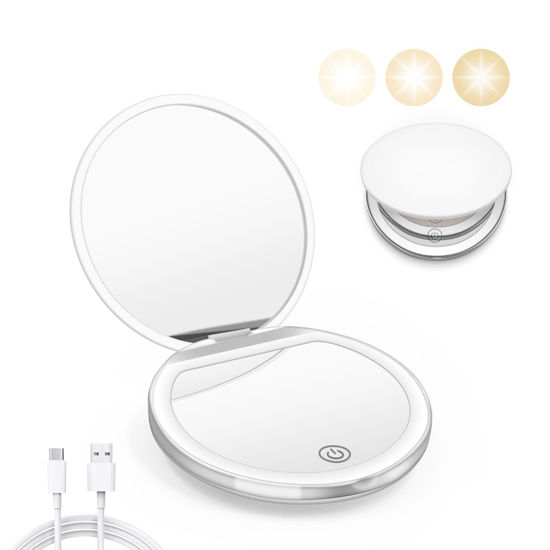 Picture of Kakuje Compact Mirror with Light, 1X/3X Magnification LED Pocket Mirror with USB Data Cable,Mini Mirror for Purse, Pocket,Travel and Present (White)
