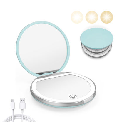 Picture of Kakuje Compact Mirror with Light, 1X/3X Magnification LED Pocket Mirror with USB Data Cable,Mini Mirror for Purse, Pocket,Travel and Present (Mint Green)