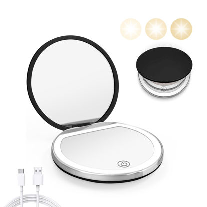 Picture of Kakuje Compact Mirror with Light, 1X/3X Magnification LED Pocket Mirror with USB Data Cable,Mini Mirror for Purse, Pocket,Travel and Present (Black)