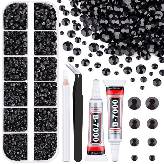Picture of 6100Pcs Resin Rhinestones for Crafting with 2Pcs 10ml B7000 Jewelry Glue, 1 Box Flatback Crystals Diomand (Black) for Bedazzling Crafts DIY Nail Art Makeup，Non Hotfix Gems for Clothing Shoes Tumblers