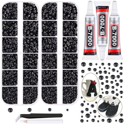 Picture of 12100Pcs Black Rhinestones for Crafting with 3Pcs 10ml B7000 Jewelry Glue, 2 Boxes Flatback Black Gems Resin Crystals Diamond for Bedazzling Crafts DIY Nail Art Makeup, Gems for Clothing Shoes