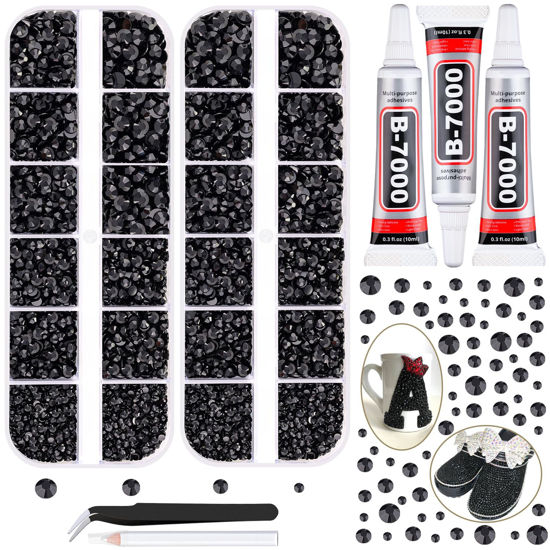 Picture of 12100Pcs Black Rhinestones for Crafting with 3Pcs 10ml B7000 Jewelry Glue, 2 Boxes Flatback Black Gems Resin Crystals Diamond for Bedazzling Crafts DIY Nail Art Makeup, Gems for Clothing Shoes