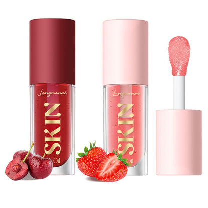 Picture of 2Pack Big Brush Head Hydrating Lip Glow Oil Plumping Lip Tint, Hydrating Lip Gloss Tinted Lip Balm Transparent Lip Care, Long Lasting Nourishing Non-sticky Fresh Texture (Strawberry + Cherry)
