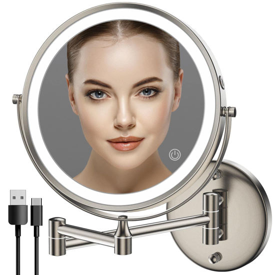 Picture of Rocollos Rechargeable Wall Mounted Lighted Makeup Mirror, 8 Inch Double-Sided LED Vanity Mirror 1X/10X Magnification,3 Color Lights Touch Screen Dimmable 360°Swivel 13 Inch Extendable