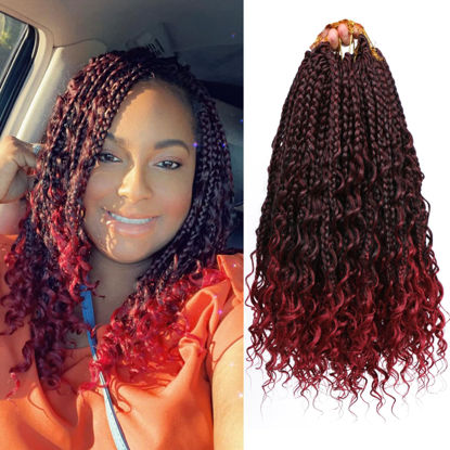 Picture of 8 Packs Box Braids Crochet Braids Curly Ends 14 Inch Goddess Box Braids Crochet Hair Synthetic Crochet Hair Extensions (14(8Packs), 1B/Bug)