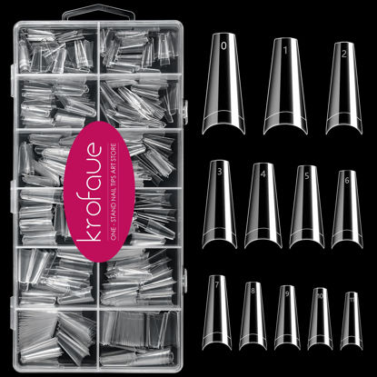 Picture of 600PCS Half Cover Coffin Nail Tips - Acrylic Nail Tips, krofaue 12 Size Clear Nail Tips, Half Cover Acrylic False Nail Tips With Box for Nail Tips Art Salons and Home DIY (Clear)