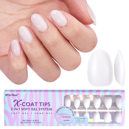 Picture of BTArtboxnails XS Short Almond Gel Nail Tips - Pre Colored Milky White Soft Gel Nail Tips, Milky White Press on Nails, Natural XCOATTIPS Pre Applied Tip Primer