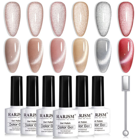 Picture of RARJSM Cat Eye Gel Nail Polish Set Silver Glitter Nude Purple Pink Red Champagne Gold Brown 6 Colors 9D Galaxy Velvet Ice Jelly Gel Polish with Magnet Stick UV LED Curing Requires Soak Off Home Salon